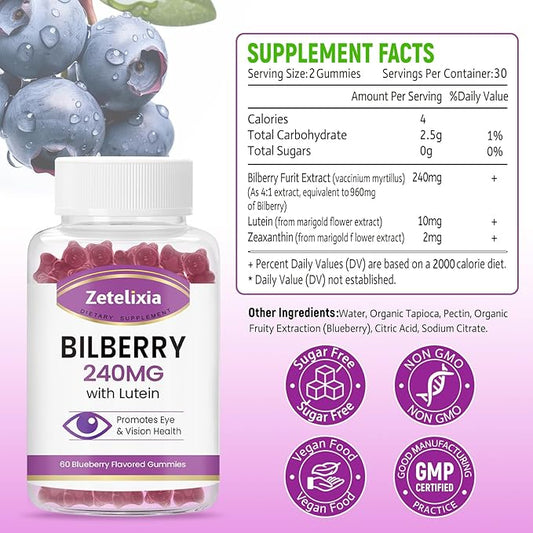 Sugar Free Bilberry Extract Supplement 240mg,Eye Supplements Filtering,60 Count
