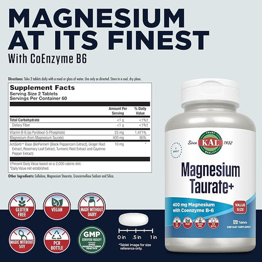 KAL Magnesium Taurate 400mg Plus Vitamin B6, Chelated 60-Day Guarantee, 60 Serv, 120 Tabs
