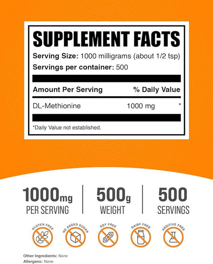 BulkSupplements.com DL-Methionine Powder - Methionine Supplement - Amino Acids Supplement - Choline Supplement - Amino Acid Nutritional Supplements (500 Grams - 1.1 lbs)