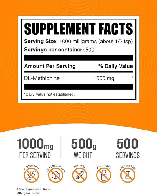 BulkSupplements.com DL-Methionine Powder - Methionine Supplement - Amino Acids Supplement - Choline Supplement - Amino Acid Nutritional Supplements (500 Grams - 1.1 lbs)