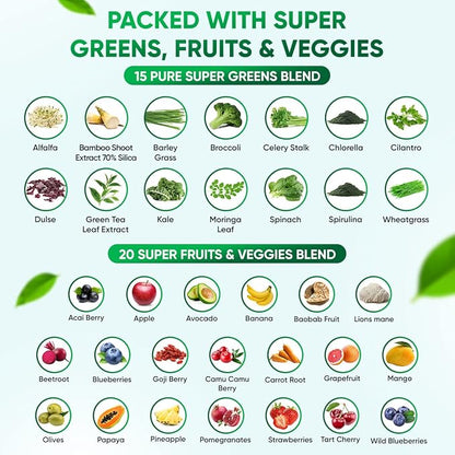 Sugar-Free Real Organic Fruits, Super Greens 35+ Nutritious Boost|60 Vegan