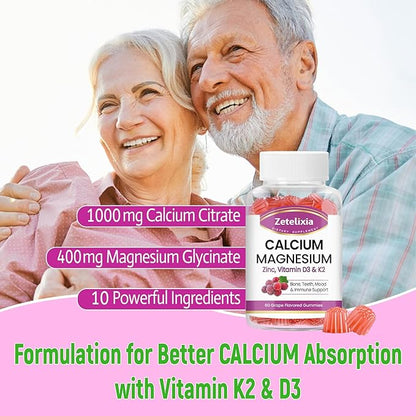 Sugar Free Calcium Gummies for Women D3 & K2, Calcium 60 Count