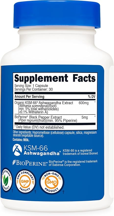 Nutricost KSM-66 Ashwagandha Root Extract 600mg, 30 Veggie Caps - 5% Withanolides - with BioPerine - Full-Spectrum Root Extract