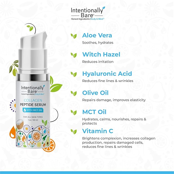 Intentionally Bare Collagen Serum for Face with MCT Oil - Collagen Peptide with Hyaluronic Acid for Fine Lines - Anti Aging Collagen Peptide Serum for All Skin Types - Collagen Serum for Women - 1oz