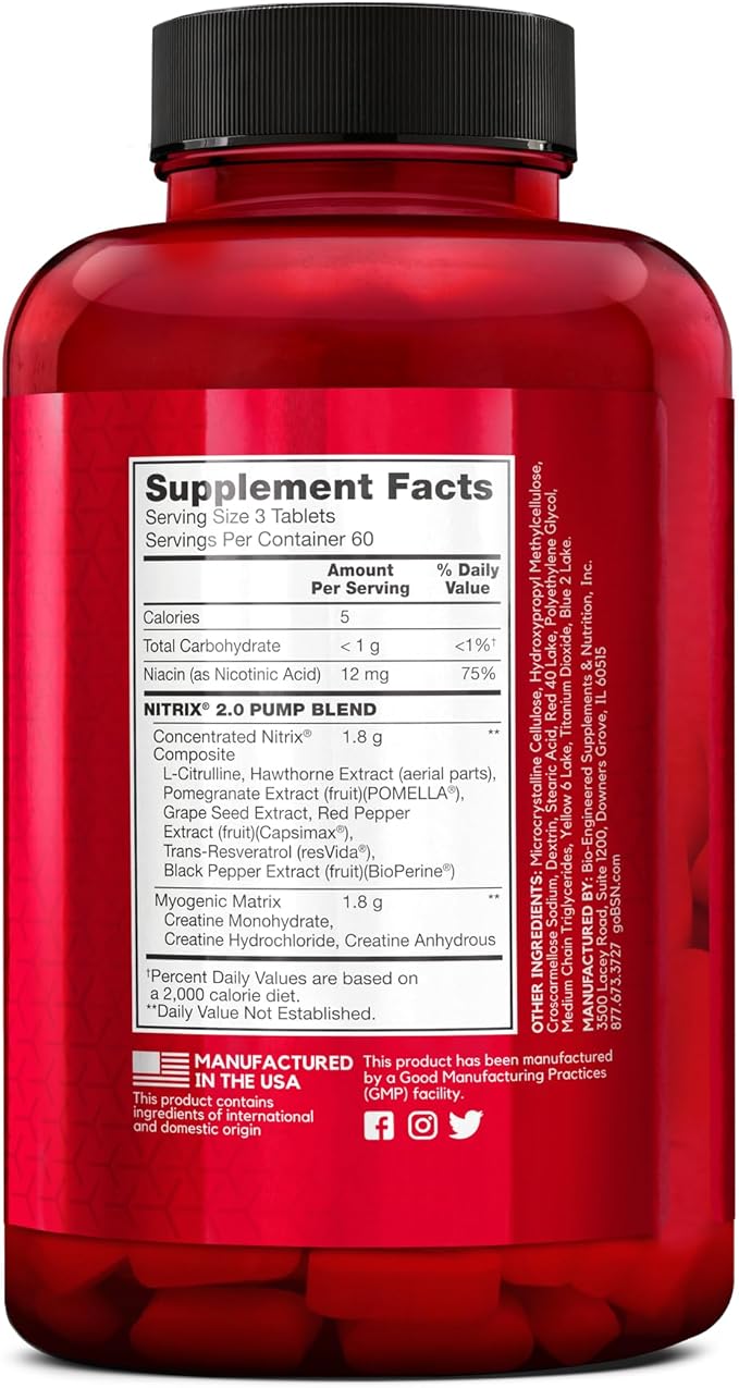 BSN NITRIX 2.0 - Nitric Oxide Precursors, 3g Creatine, 3g L Citrulline - Supports Workout Performance, Pumps, Muscle Recovery and Endurance - 180 Tablets