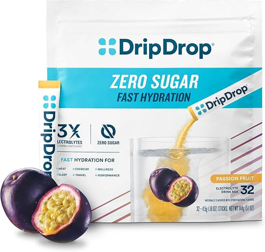 DripDrop Hydration - Zero Sugar Passion Fruit - Electrolyte Drink Mix Single Serve Powder Packets | Non-GMO, Gluten Free, Vegan | 32 Sticks