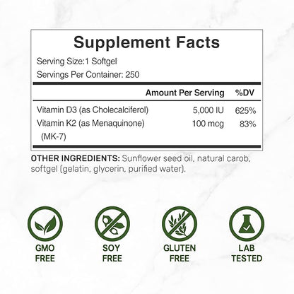 DEAL SUPPLEMENT 2 Pack Vitamin D3 5,000 IU + K2 MK7 Softgels, 500 Count | 2-in-1 Complex | Supports Heart, Bone, Teeth & Immune Health | Easy to Swallow