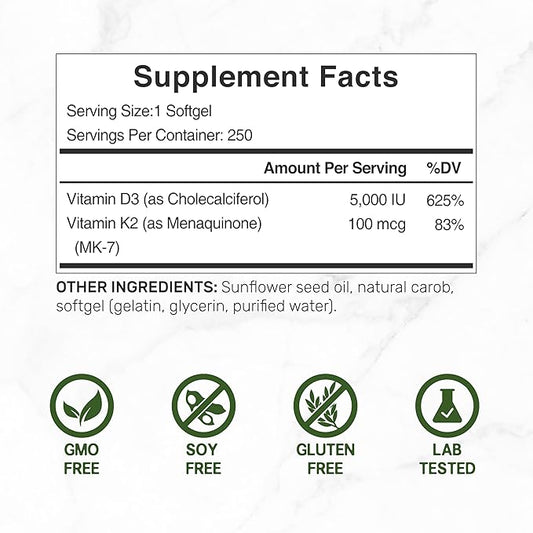 DEAL SUPPLEMENT 2 Pack Vitamin D3 5,000 IU + K2 MK7 Softgels, 500 Count | 2-in-1 Complex | Supports Heart, Bone, Teeth & Immune Health | Easy to Swallow
