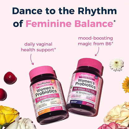 NewRhythm Women's Probiotics, Organic Cranberry for Women's Vaginal Health, 50 Billion CFU 18 Strains, Probiotics and Prebiotics, Support Digestive Health, 60 Vegan Capsules