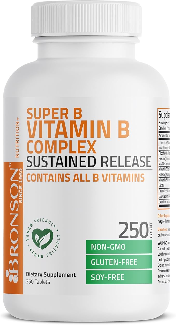 Bronson Super B Vitamin B Complex B1, B2, B2, B3, B3, B6, B6, B9 B9 - B12) Contains 250 Tablets