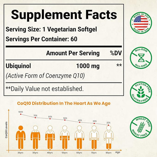 1000mg Liposomal CoQ10 Ubiquinol, 600 Vegan CoQ10 Supplement, Q10 for