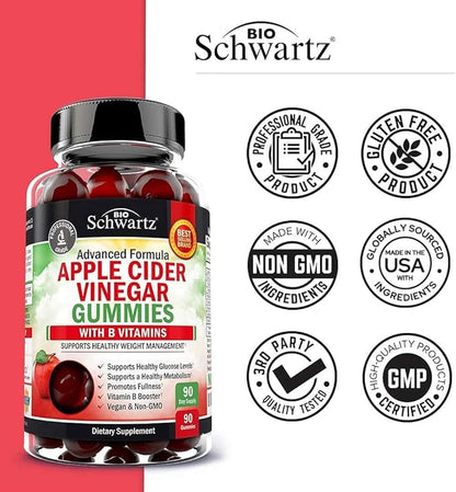 Apple Cider Vinegar Gummies for Weight Loss - ACV Gummies with The Mother for Women & Men - Energy Boost Bloat Digestive & Immune Support - Vitamin B12 B6 B 9 Folic Acid - Vegan Detox Cleanse -90Ct
