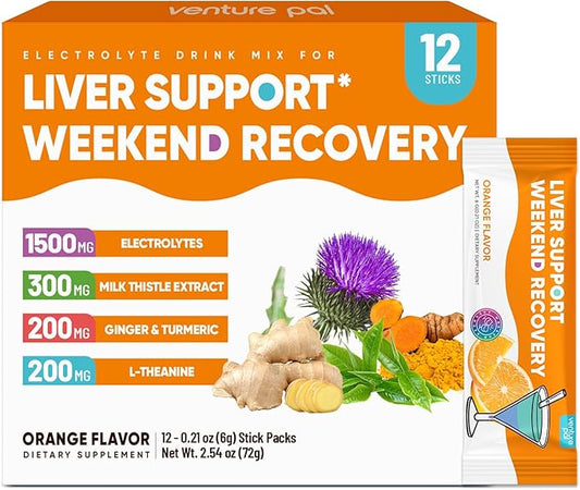 Venture Pal Liver Cleanse Detox & Repair, Liver Support with Milk Thistle + Ginger & Turmeric + L-Theanine + 5 Vitamins & 7 Electrolytes, Rapid Rehydration & Weekend Recovery Powder Packets, 12 Sticks