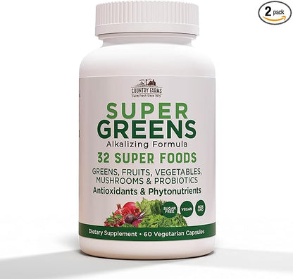 COUNTRY FARMS Super Greens Vegicaps, 32 Super Foods, Whole Food Supplement, Greens, Fruit, Vegetables, Mushrooms & Probiotics, Rich in Antioxidants & Phytonutrients, 120 Count, 60 Servings
