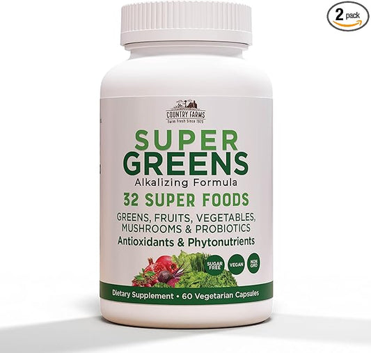 COUNTRY FARMS Super Greens Vegicaps, 32 Super Foods, Whole Food Supplement, Greens, Fruit, Vegetables, Mushrooms & Probiotics, Rich in Antioxidants & Phytonutrients, 120 Count, 60 Servings