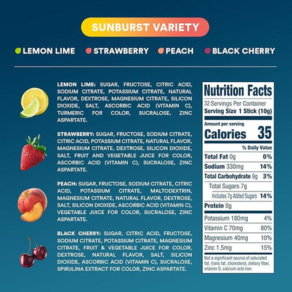DripDrop Hydration - Sunburst Variety Pack - Electrolyte Drink Mix Single Serve Powder Packets - Lemon Lime, Strawberry, Peach, Black Cherry | Non-GMO, Gluten Free, Vegan | 32 Sticks