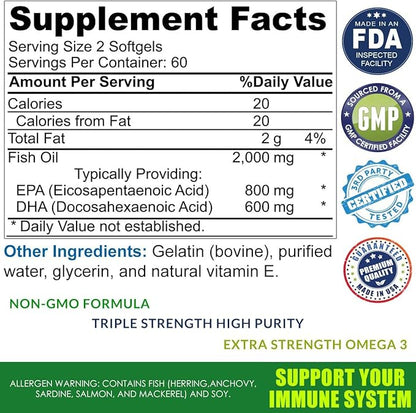 Omega 3 Burpless Max Strength Fish 2000 mg 800 mg 600 mg 120 Small