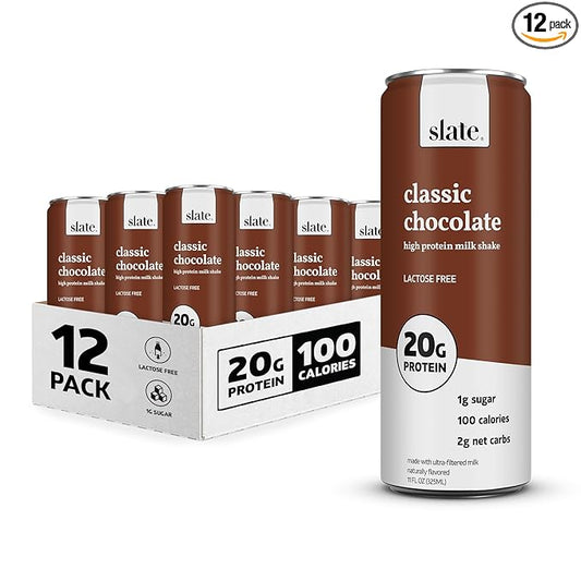 Slate Milk - High Protein Milk Shake - Classic Chocolate - Lactose Free, 20g Protein, 1g Sugar, 100 Calories, 2g Net Carbs, No Added Sugar - Natural, Breakfast Boost, Post Workout - 11 fl oz, 12 Cans