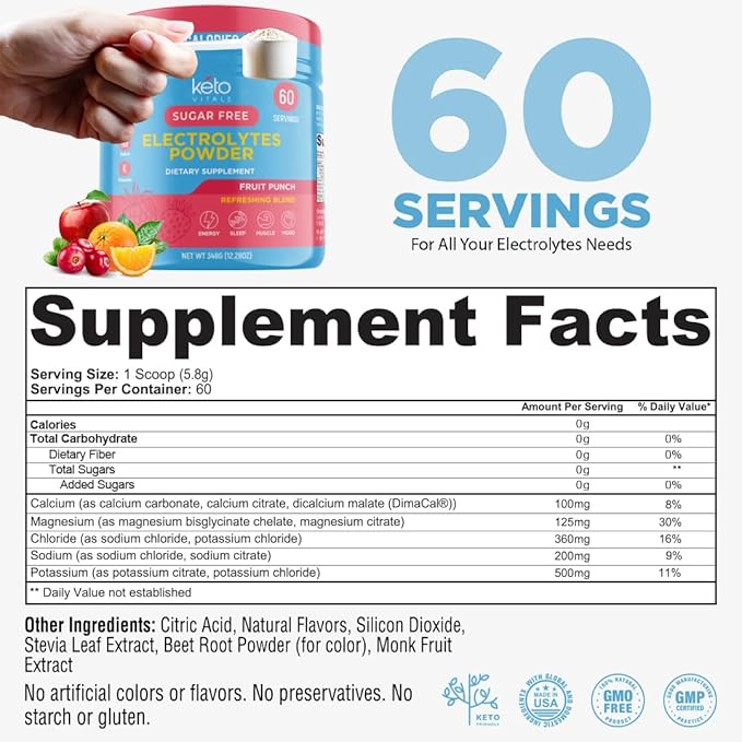 Keto Vitals Keto Electrolytes Powder | Keto-Friendly Electrolytes with Potassium, Magnesium, Sodium, Calcium | Keto Electrolytes Supplement Energy Drink Mix | Sugar-Free, Zero Calories, Zero Carbs