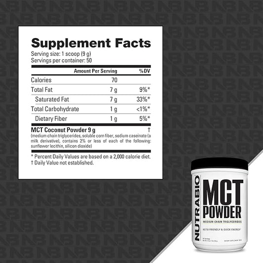 NutraBio MCT Powder, Medium Chain Triglycerides, Lean Weight Gain, Keto Friendly, 1 lb. Powder - 50 Servings