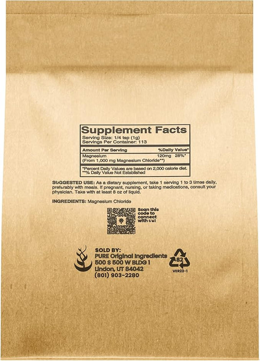 PURE ORIGINAL INGREDIENTS Magnesium Chloride (4oz) Oral Supplement, Crystal Powder, Magnesium Supplement, Food Grade