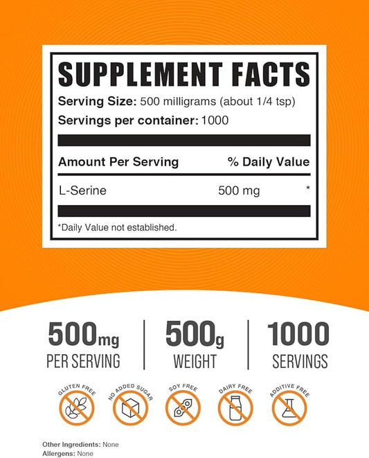BulkSupplements.com L-Serine Powder - Serine Supplement, L-Serine 500mg - Amino Acid Supplement for Immune Support - Gluten Free, 500mg per Serving, 500g (1.1 lbs) (Pack of 1)