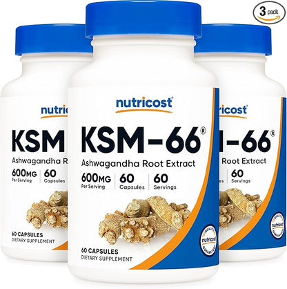 Nutricost KSM-66 Ashwagandha Root Extract 600mg, 60 Veggie Caps (3 Bottles) - 5% Withanolides - with BioPerine