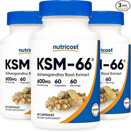 Nutricost KSM-66 Ashwagandha Root Extract 600mg, 60 Veggie Caps (3 Bottles) - 5% Withanolides - with BioPerine