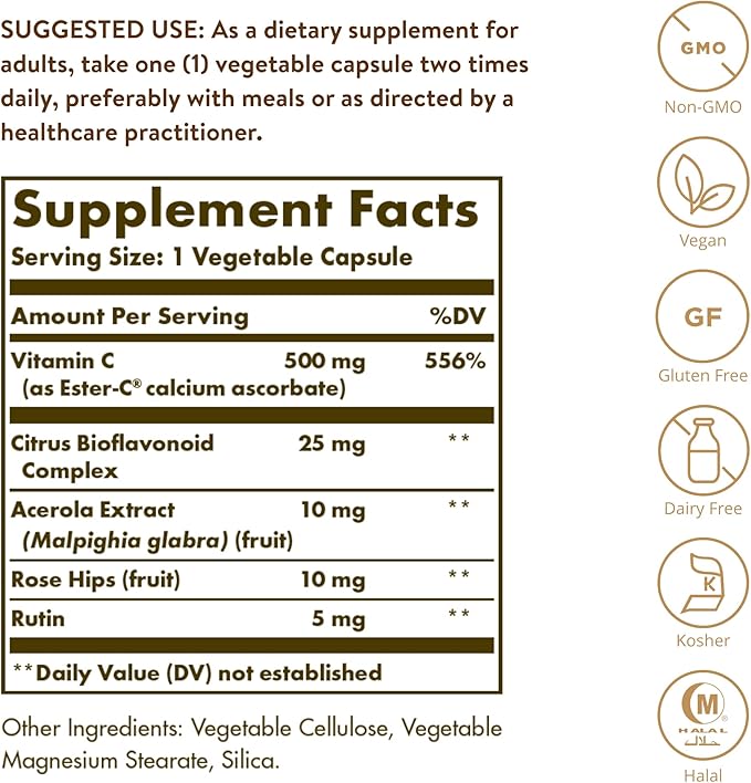Solgar Ester-C Plus 500 mg Vitamin 100 Vegetable 100 Servings