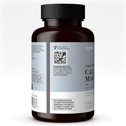Amazon Elements Organic Whole Food Calcium & Magnesium, 90 Tablets (Pack of 4)