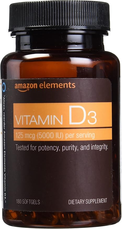 Amazon Elements Vitamin D3, 5000 IU, 180 Softgels, 6 month