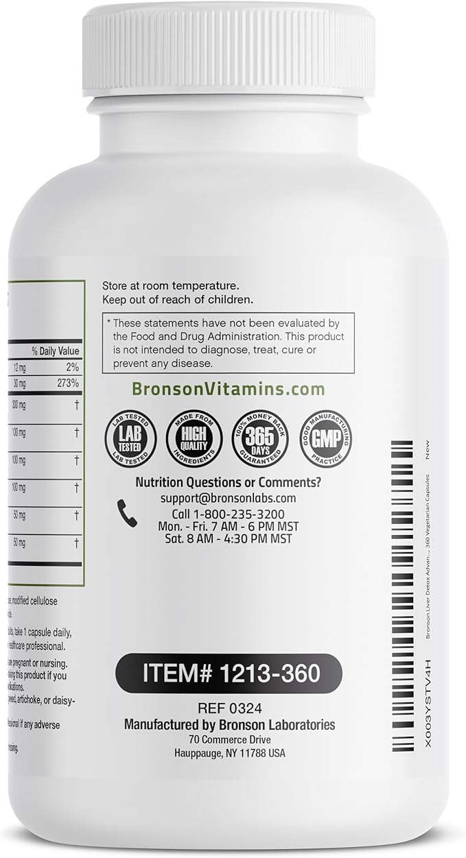 Bronson Liver Detox Advanced Detox & Cleansing Formula Supports Health Liver Function with Milk Thistle, Dandelion Root, Turmeric, Artichoke Leaf & More, Non-GMO, 360 Vegetarian Capsules