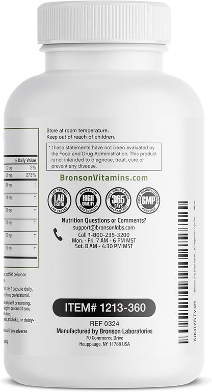 Bronson Liver Detox Advanced Detox & Cleansing Formula Supports Health Liver Function with Milk Thistle, Dandelion Root, Turmeric, Artichoke Leaf & More, Non-GMO, 360 Vegetarian Capsules
