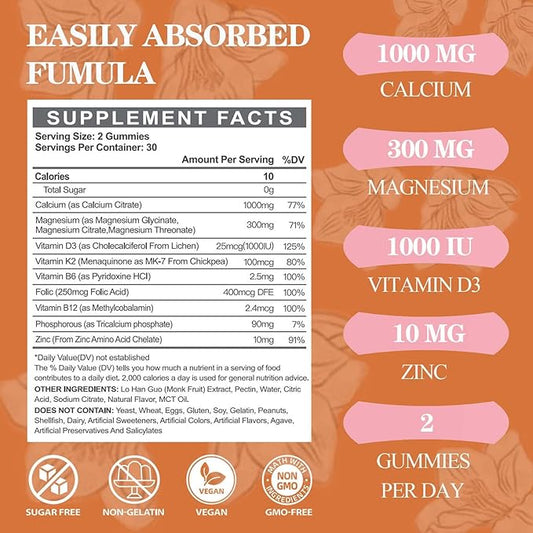 Calcium Magnesium Zinc Supplement Gummies D3 K2 K2 & 1000mg Calcium