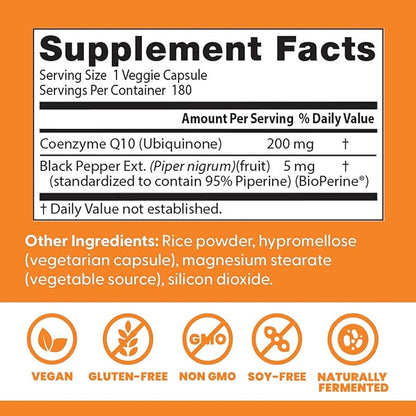 Doctor's Best High Absorption CoQ10 with BioPerine, Heart Health and Energy Production, Naturally Fermented, Non-GMO, Gluten & Soy Free, Vegan, 200 mg, Veggie Caps