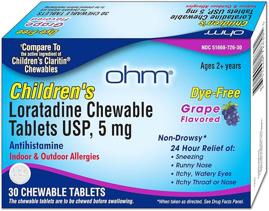 Ohm Children’s Chewable Tablets, Dye Free, 24h Antihistamine, 5mg, 30 30 Tablets (30 Count)