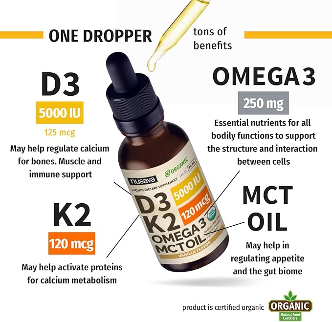 (4 Pack) Organic Vitamin D3 K2 3, 5000 5000 IU, 5000 IU, D3 for 4 Fl