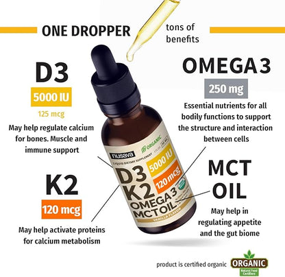 (4 Pack) Organic Vitamin D3 K2 3, 5000 5000 IU, 5000 IU, D3 for 4 Fl