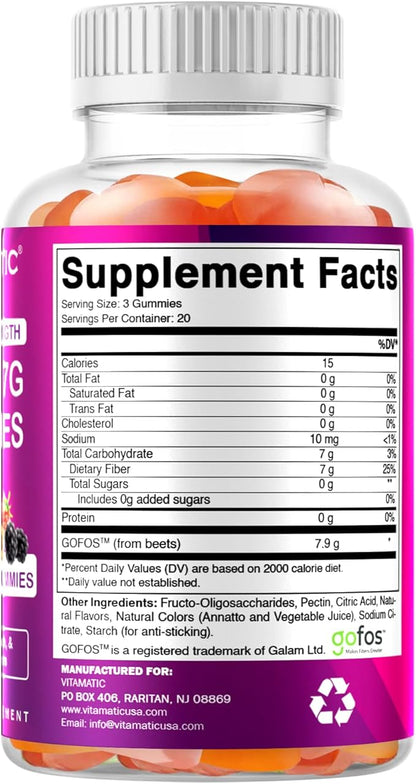 Vitamatic 2 Pack Prebiotic Fiber Gummies for Adults - 7G Fiber Extra Strength - Zero Sugar Added - 60 Pectin Based Gummies - Digestive Health & Regularity Support, (Total 120 Count)
