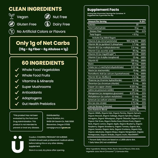 Gruns Adult Sugar-Free Super Greens Gummies - Superfood Gummy Bears with Spirulina, Chlorella & Prebiotics for Digestive Health - Adaptogens Supplement with 20 Vitamins & Minerals - 2-Week Supply