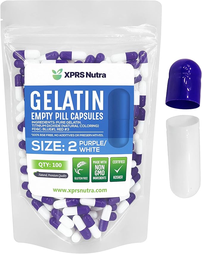 XPRS Nutra Size 2 Empty Capsules - 100 Count Empty Gelatin Capsules - Empty Pill Capsules - DIY Capsule Filling - Pure Bovine Pill Capsules Empty Gel Caps (Purple/White)