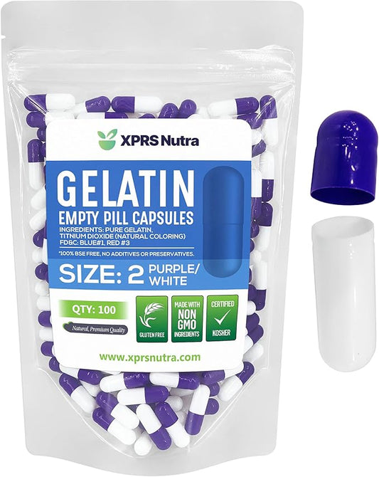 XPRS Nutra Size 2 Empty Capsules - 100 Count Empty Gelatin Capsules - Empty Pill Capsules - DIY Capsule Filling - Pure Bovine Pill Capsules Empty Gel Caps (Purple/White)