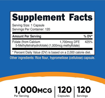 Nutricost Methylfolate 1000mcg, 120 Vegetarian Capsules
