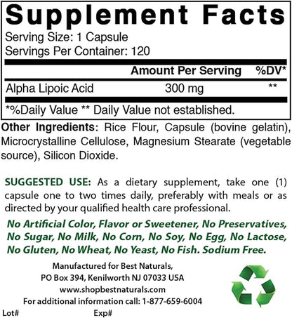 Best Naturals Alpha Lipoic Acid 300 120 Capsules