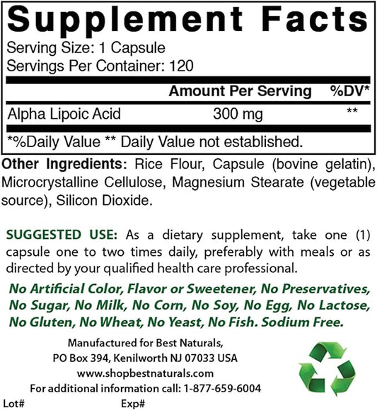 Best Naturals Alpha Lipoic Acid 300 120 Capsules