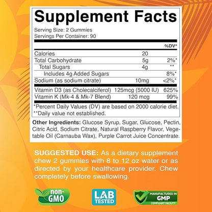 Vitamin D3 + K2 Gummies – Bone & Heart Health Support – 180 Pectin-Based Vegan Gummies