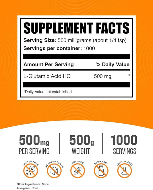 BulkSupplements.com L-Glutamic Acid HCl Powder - Amino Acid Supplement, Glutamate Supplement - for Gut Health, Glulten Free, 500mg per Serving, 500g (1.1 lbs) (Pack of 1)
