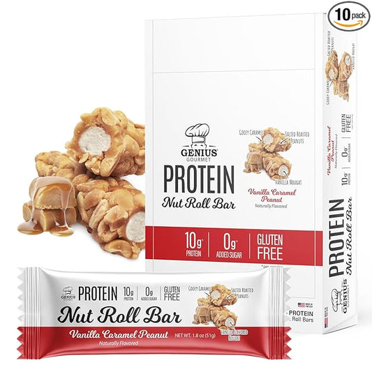 Genius Gourmet Protein Nut Roll Bars Vanilla Caramel Peanut - 10g Protein, Zero Added Sugar, Gluten Free, Non-GMO - Sweet Protein Snack & Protein Dessert for Adults and Kids - 10 Ct Box