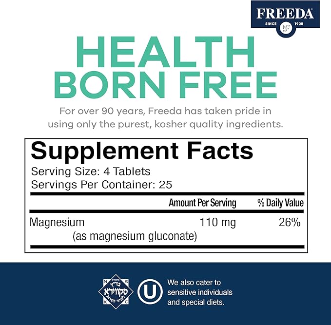 Freeda Magnesium Gluconate - Kosher Vegan Magnesium Supplement for Men & Women - Leg & Muscle Cramp and Spasm Relief - Natural Muscle Relaxer - Magnesio Vitamins and Supplements (500 Tablets)