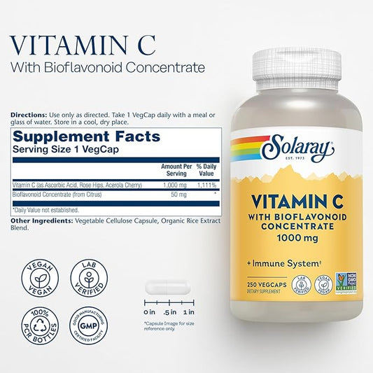 Solaray Vitamin C w/Rose HIPS, Acerola 1000mg, Supports 250 CT